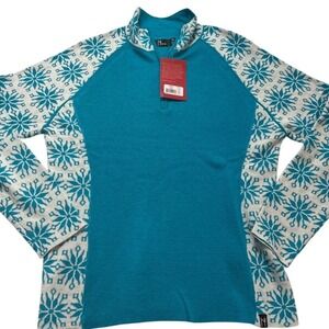 Neve Designs Ali Womens 1/4 Zip Snowflake Sweater Capri Teal White Size L NEW